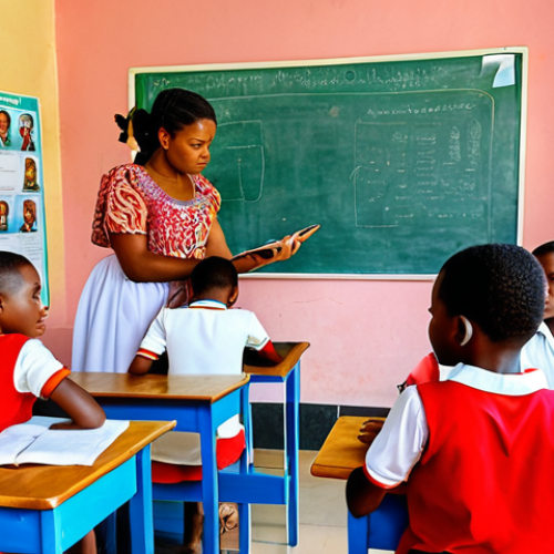Home 19 ** A vibrant classroom scene in Comoros. Children are eagerly participating in a lesson that incorporates local culture and traditions. The teacher is using modern technology, like a tablet, to enhance the learning experience. The classroom walls are decorated with colorful posters featuring Comorian history and languages.
**