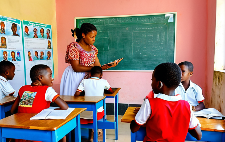 ** A vibrant classroom scene in Comoros. Children are eagerly participating in a lesson that incorporates local culture and traditions. The teacher is using modern technology, like a tablet, to enhance the learning experience. The classroom walls are decorated with colorful posters featuring Comorian history and languages.

**