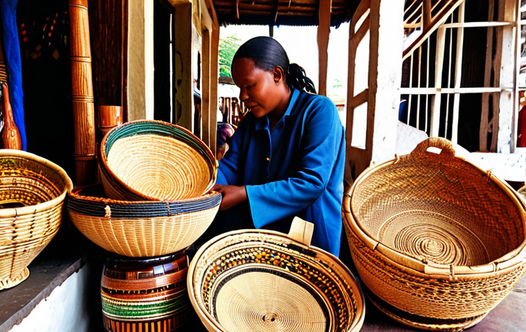 **

A vibrant, bustling Comorian marketplace filled with local artisans displaying their crafts – intricately woven baskets, wood carvings, and bottles of ylang-ylang oil. Tourists are interacting directly with the artisans, purchasing goods, and engaging in conversation. Focus on capturing the warmth and authenticity of the cultural exchange, highlighting the economic empowerment of the local community, especially women. Use natural lighting to emphasize the colors and textures of the crafts and the marketplace environment.

**
