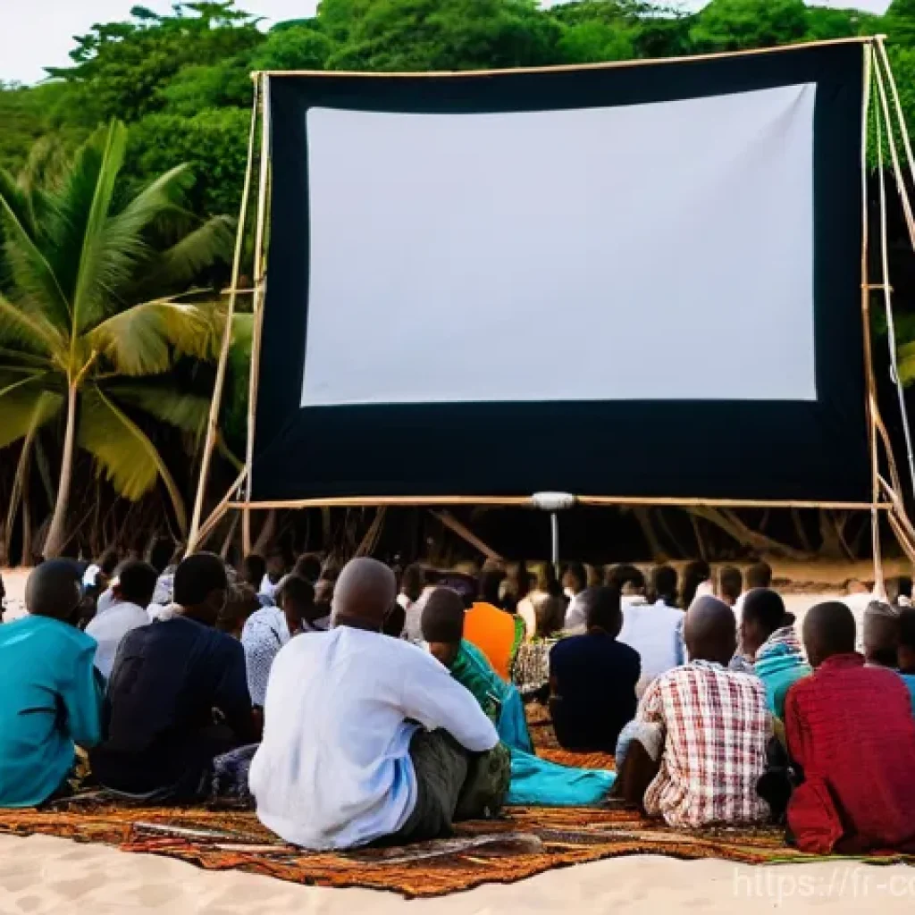 코모로 국제 영화제 개최 여부 - **Comorian Beach Cinema at Sunset:** A vibrant, picturesque scene of an outdoor film screening on a ...
