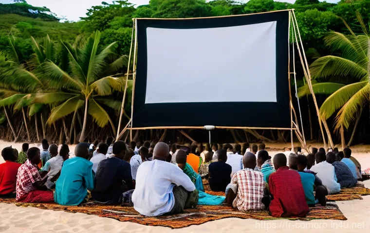 코모로 국제 영화제 개최 여부 - **Comorian Beach Cinema at Sunset:** A vibrant, picturesque scene of an outdoor film screening on a ...