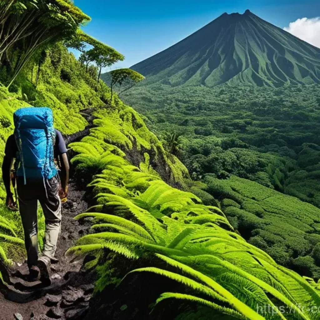코모로 화산투어 안내 - **Prompt:** "A lone hiker, seen from behind, is diligently ascending a winding, rocky path on the sl...