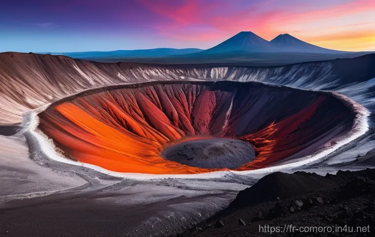 코모로 화산투어 안내 - **Prompt:** "A lone hiker, seen from behind, is diligently ascending a winding, rocky path on the sl...