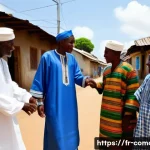 코모로 무슬림 문화와 예절 - **"A vibrant outdoor scene in a Comorian village street, bathed in warm, soft sunlight. Elderly Como...