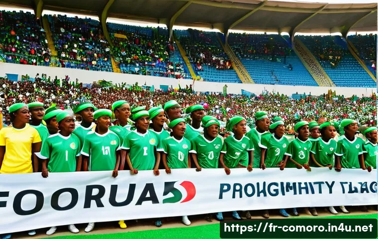 코모로 아프리카 축구 연맹 참여 - A vibrant scene at a newly renovated football stadium in the Comoros Islands during a lively daytime...