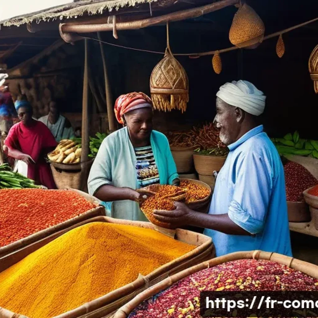 코모로 향신료 시장 방문 - A vibrant Comorian spice market scene at dawn, bustling with local farmers and vendors in traditiona...