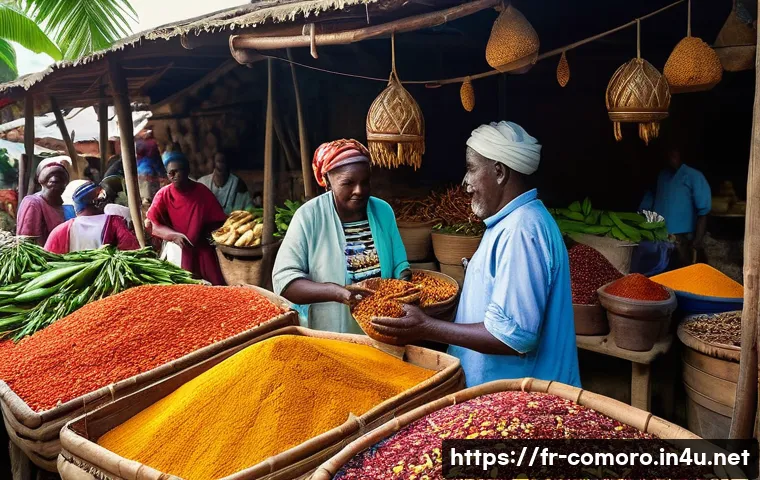 코모로 향신료 시장 방문 - A vibrant Comorian spice market scene at dawn, bustling with local farmers and vendors in traditiona...