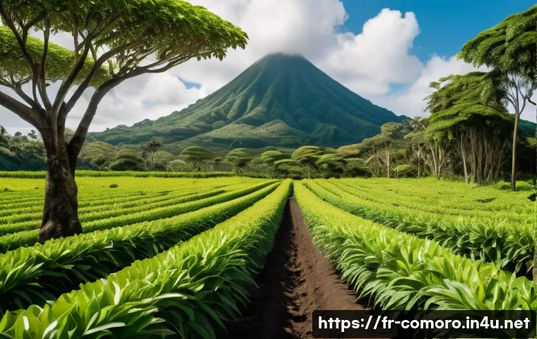 코모로 주요 농산물 생산지 - A lush vanilla plantation on the fertile volcanic soils of Ngazidja island, showing rows of vanilla ...