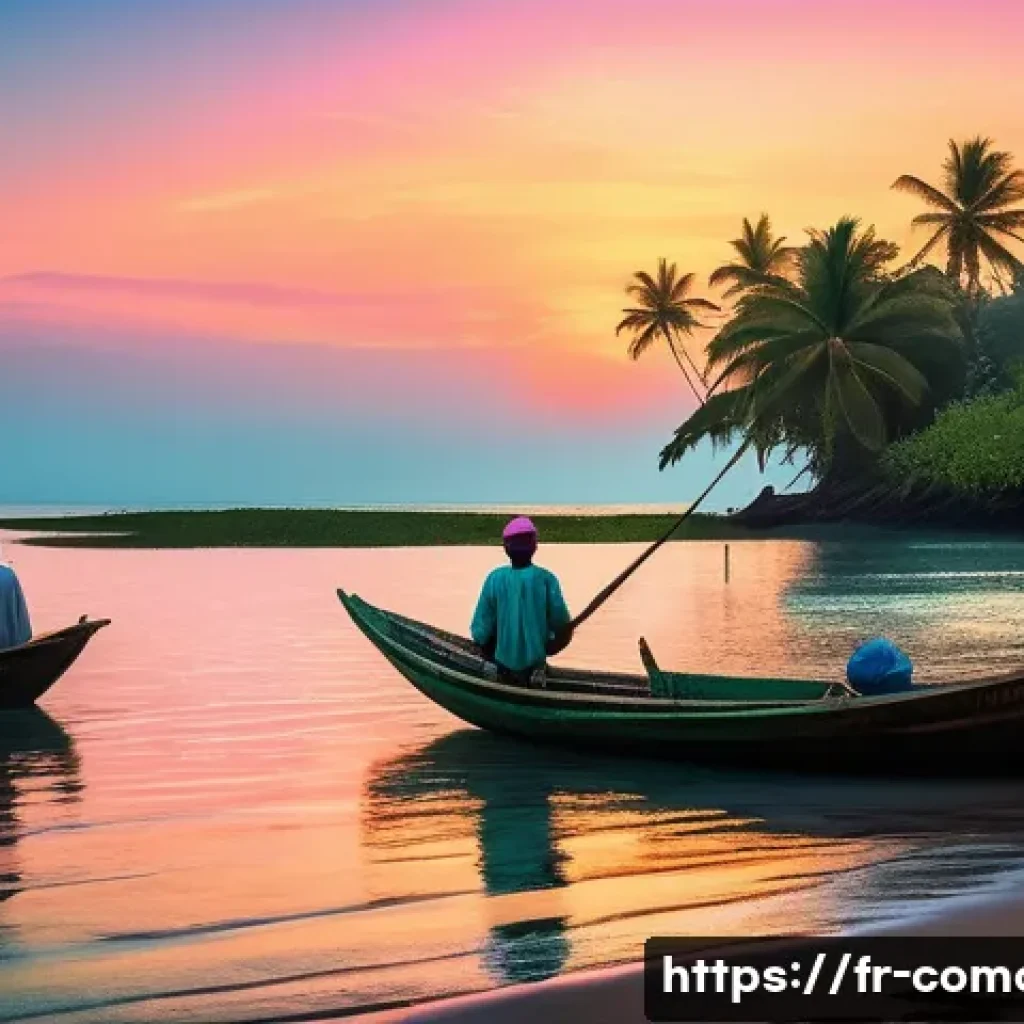 코모로 주민 생활 방식 - A vibrant scene depicting Comorian fishermen at dawn setting out to sea in traditional small wooden ...