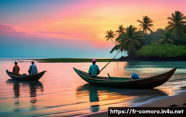 코모로 주민 생활 방식 - A vibrant scene depicting Comorian fishermen at dawn setting out to sea in traditional small wooden ...