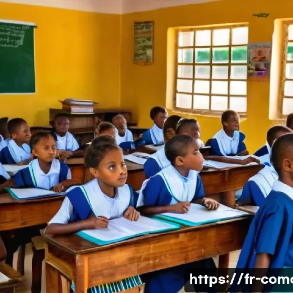 코모로 학교 교육 방식 - A vibrant classroom scene in a Comorian public primary school, showing a diverse group of children a...