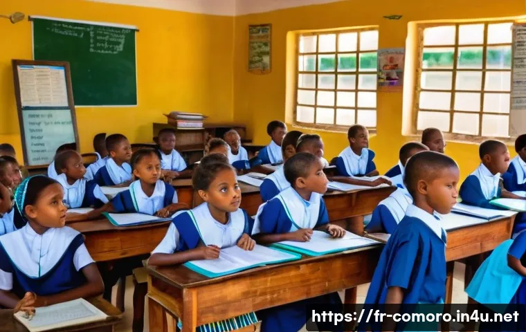 코모로 학교 교육 방식 - A vibrant classroom scene in a Comorian public primary school, showing a diverse group of children a...