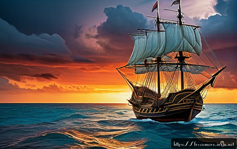 코모로 바스코 다 가마 탐험 이야기 - A detailed 16th-century Portuguese caravel sailing near the Comoros Islands under a dramatic sky, sh...