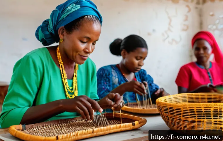 코모로 소규모 비즈니스 기회 - A vibrant Comorian artisan workshop scene showing skilled local artisans crafting traditional coral ...
