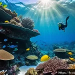 Home 22 코모로 주요 수상 스포츠 - A vibrant underwater scene in the Comoros featuring a snorkeler wearing a colorful wetsuit and mask,...