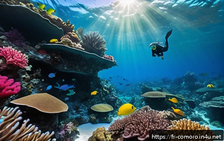 코모로 주요 수상 스포츠 - A vibrant underwater scene in the Comoros featuring a snorkeler wearing a colorful wetsuit and mask,...