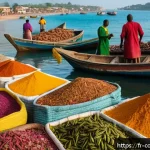 Home 18 코모로 현지 시장 투어 - A vibrant Comorian market scene at sunrise, featuring colorful stalls overflowing with fresh local s...