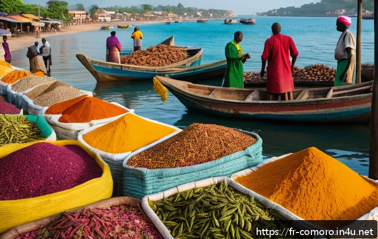코모로 현지 시장 투어 - A vibrant Comorian market scene at sunrise, featuring colorful stalls overflowing with fresh local s...