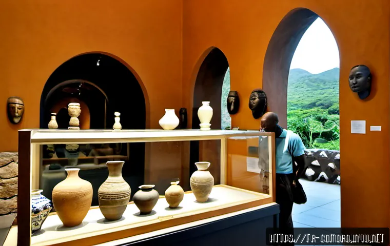 Home 17 코모로 역사 박물관 방문 - Photorealistic interior of a Comorian history museum in Moroni, a thoughtfully dressed French-speaki...